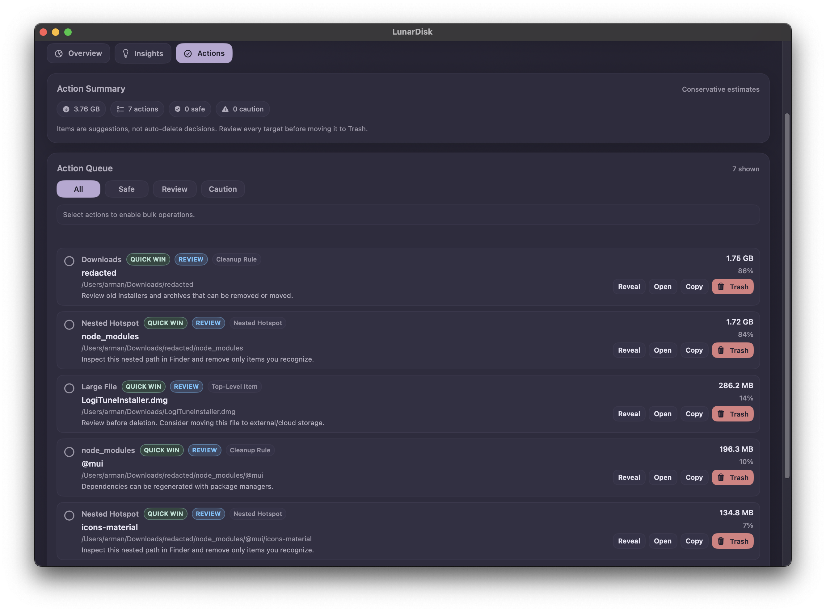 LunarDisk scan view actions