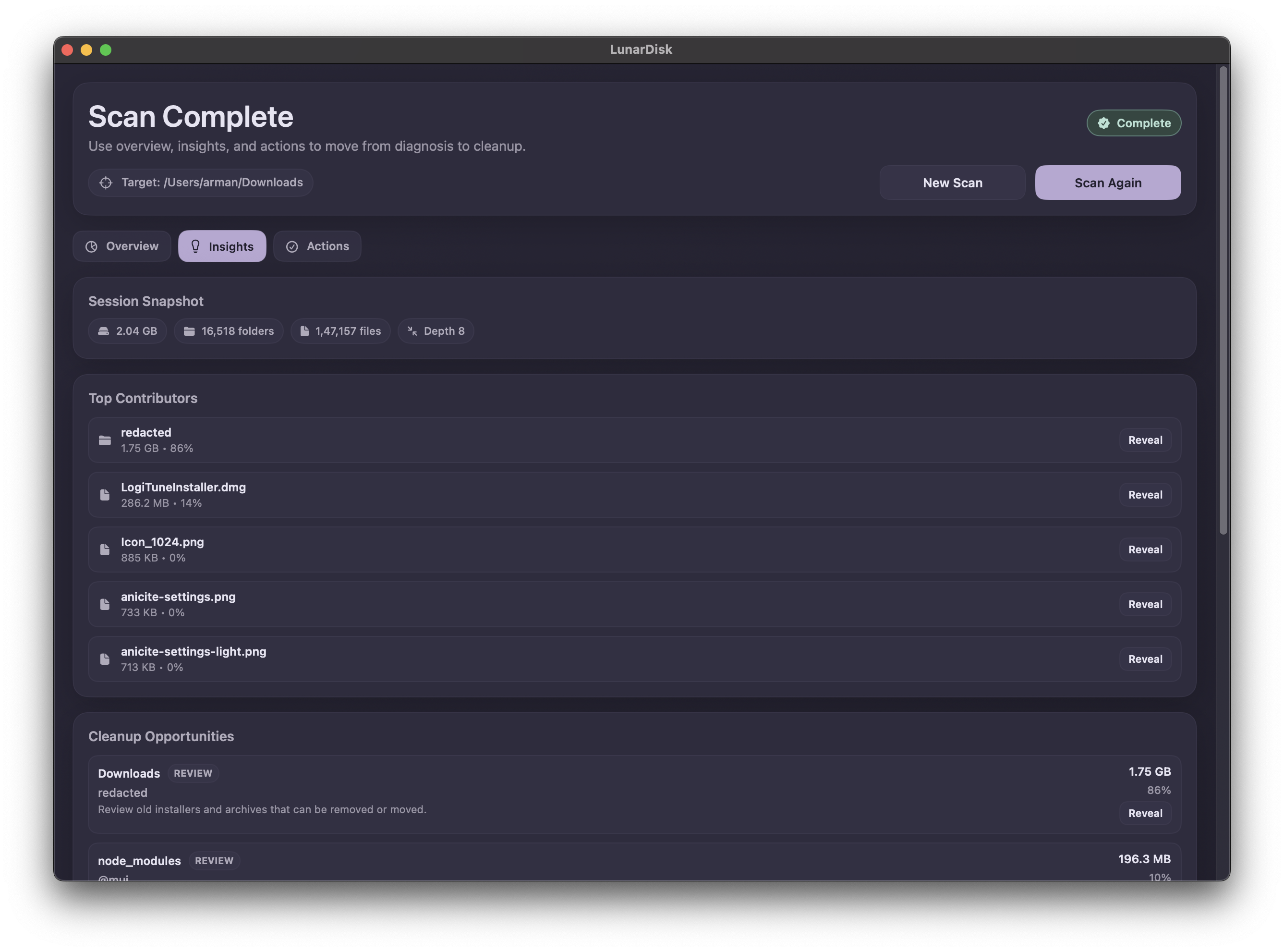 LunarDisk scan view insights